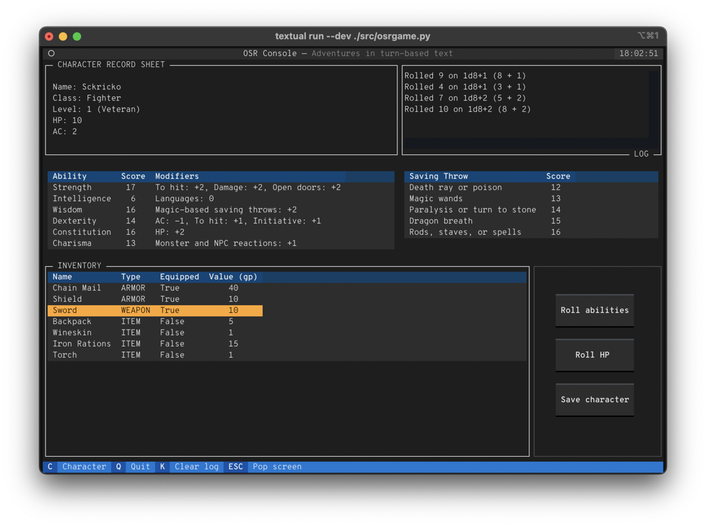 Screenshot of osrgame's Textual TUI-based character sheet screen in iTerm2