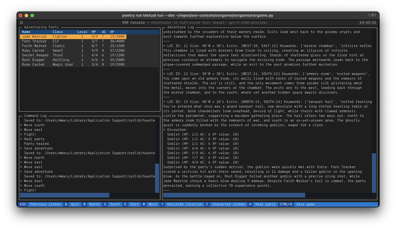 Screenshot of osrgame's Textual TUI-based exploration screen in iTerm2